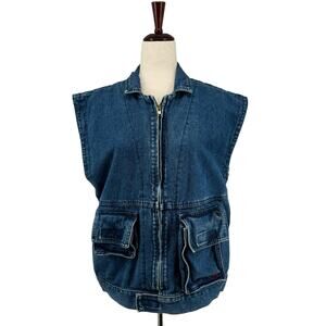 Vintage 90s Y2K RPM Denim Cargo Vest M Front Zipper Cotton Blue Jean